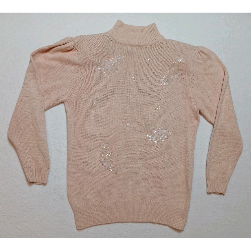 VTG 80s Amanda Smith Silk Angora Pink Sequin Mock Neck Sweater M Hong Kong